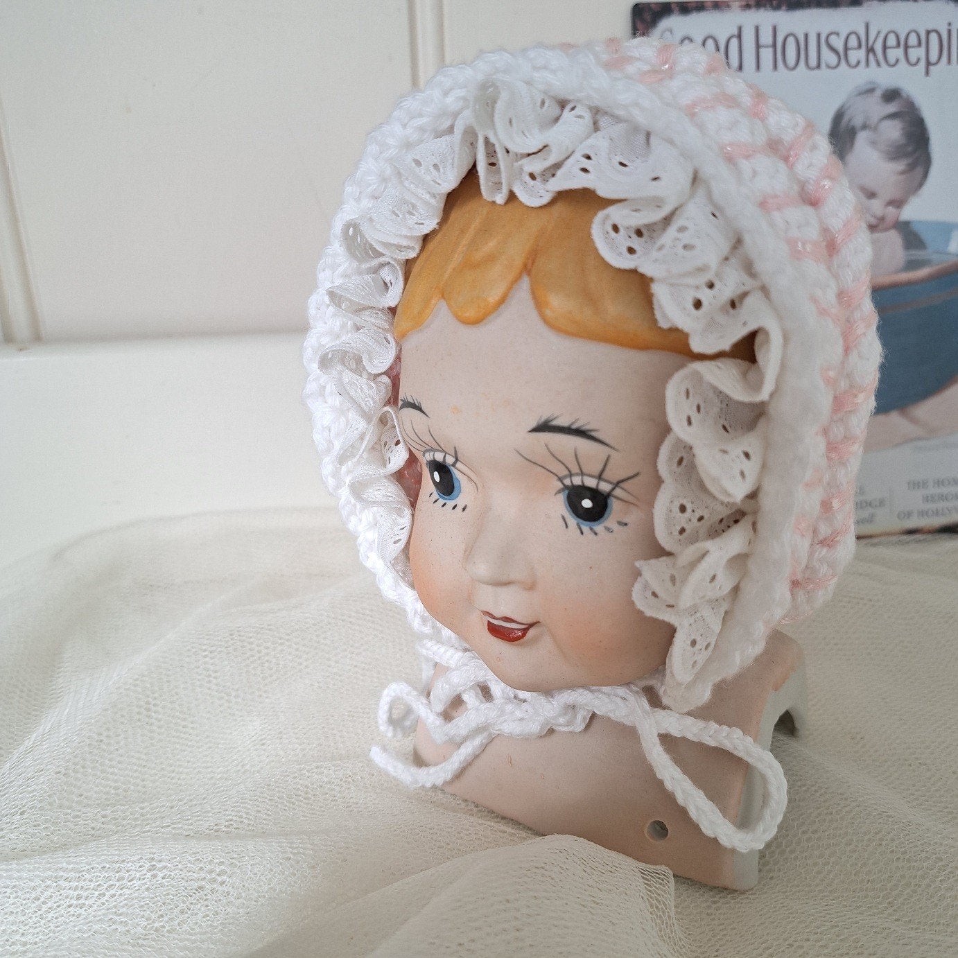 Hand gebreid Brocante katoen Pop muts NIEUW, Ophalen of Verzenden