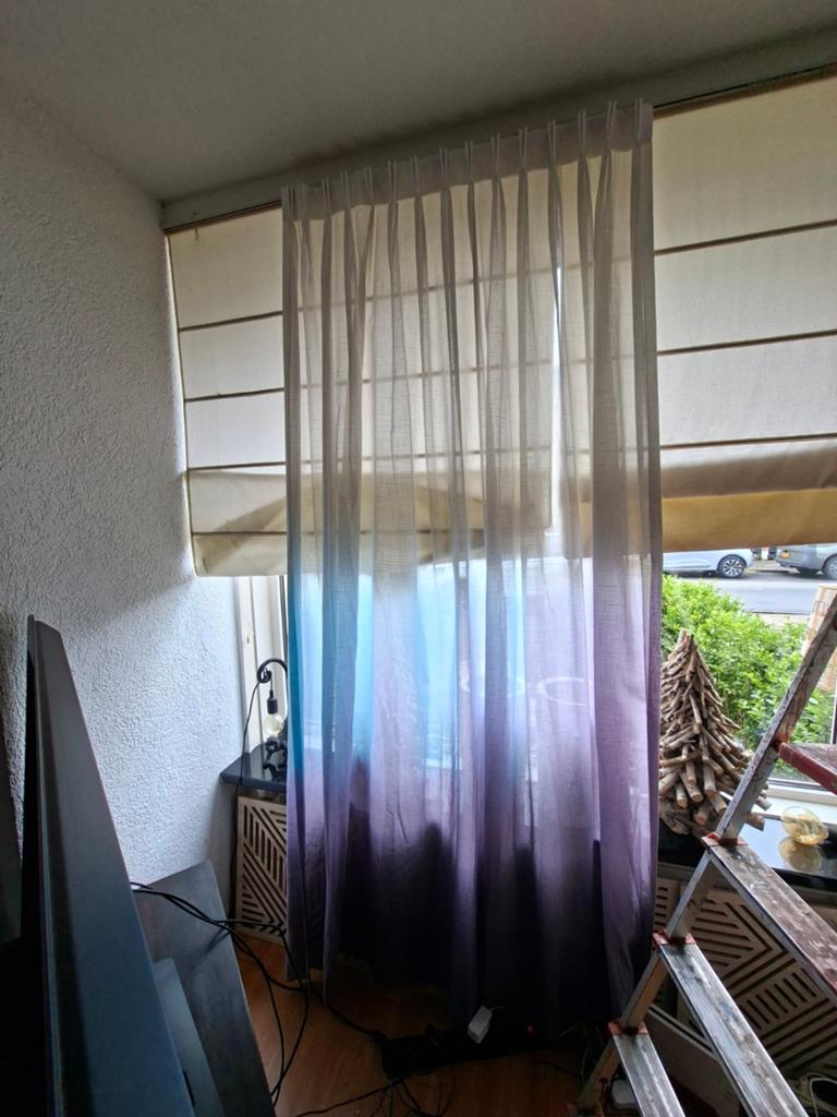 Vitrage paars/blauw/wit   2 stuks, Ophalen of Verzenden, Blauw, Minder dan 50 cm, 150 tot 200 cm
