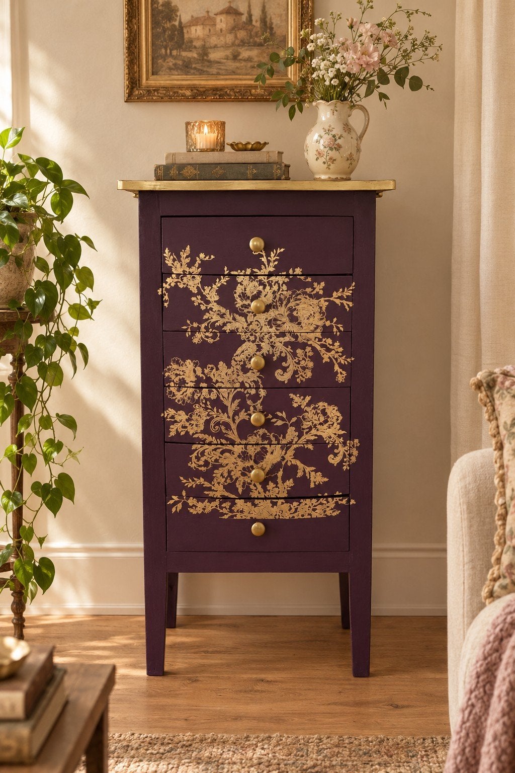Stijlvolle ladenkast in Elderberry – Fusion Mineral Paint, Huis en Inrichting, Ophalen, 5 laden of meer, Brocante, vintage, antiek, landelijk, kastje