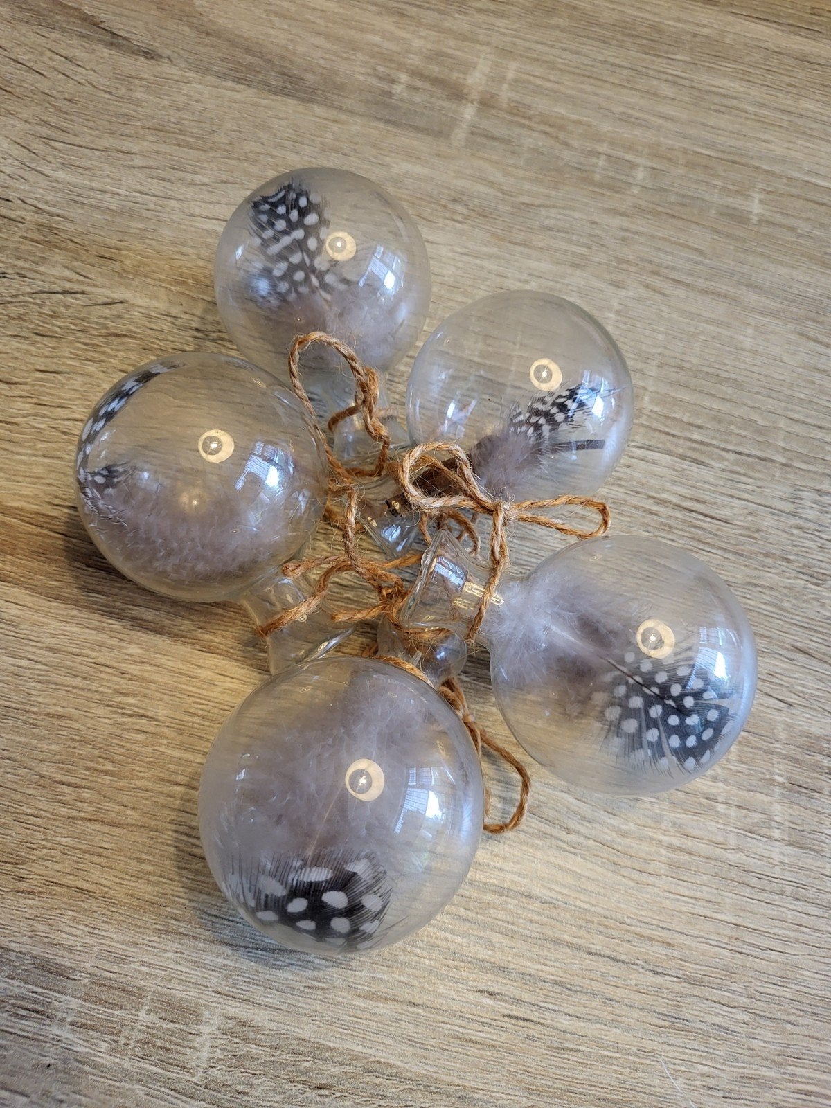 Set van 5 glazen ballen met veren, Ophalen, Zo goed als nieuw, Glas