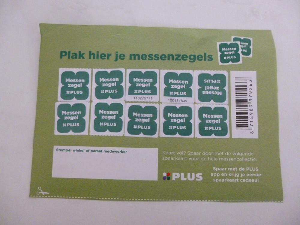 Spaarkaart met messenzegels van de Plus., Verzamelen, Plus, Ophalen of Verzenden