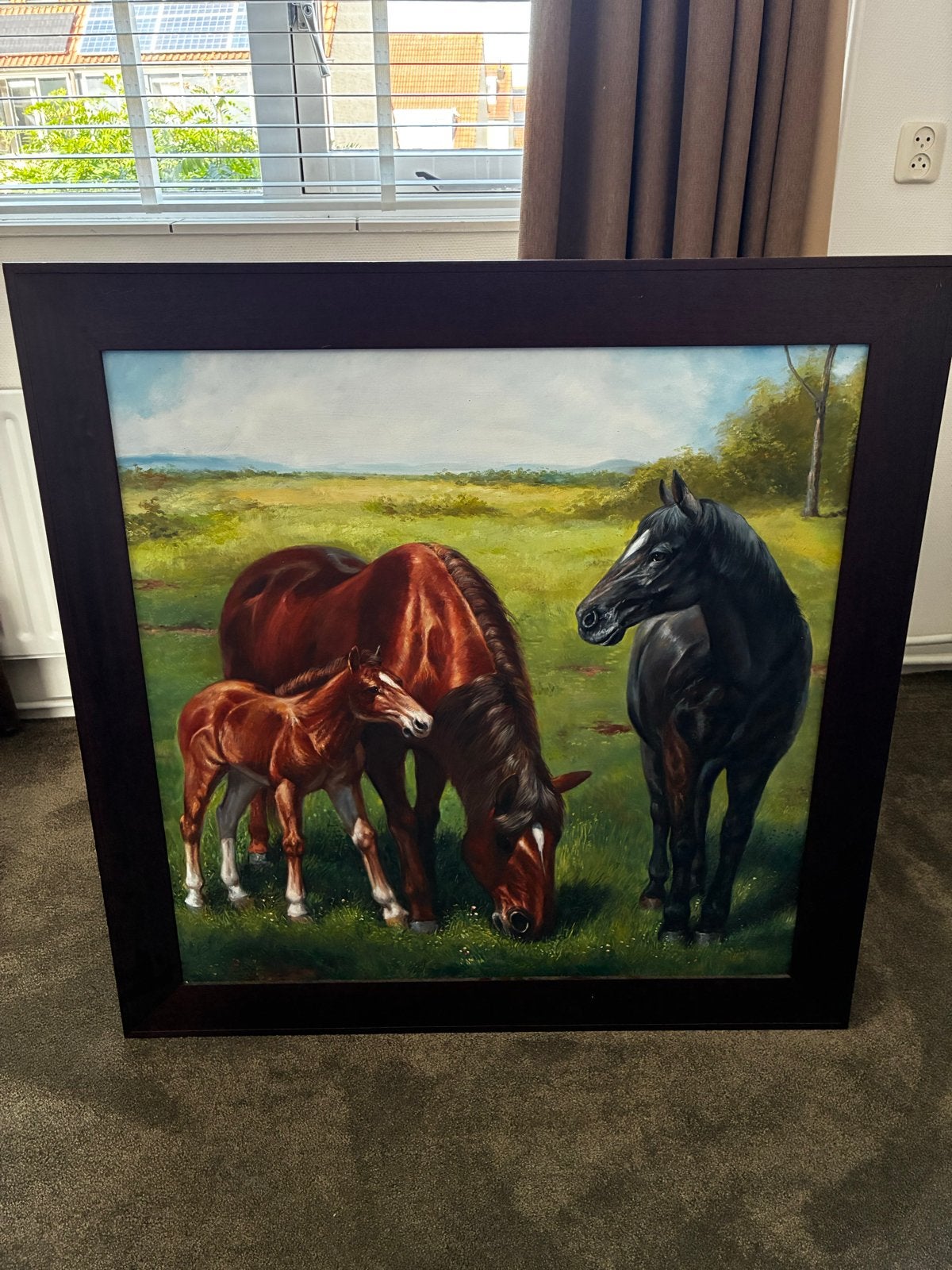Prachtig olieverfschilderij: Paarden in de wei, Antiek en Kunst, Ophalen, Doek, Realistisch, Dieren
