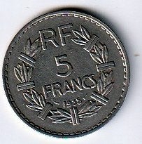 5  francs  1935   Frankrijk. km. 888, Ophalen of Verzenden, Frankrijk, Losse munt