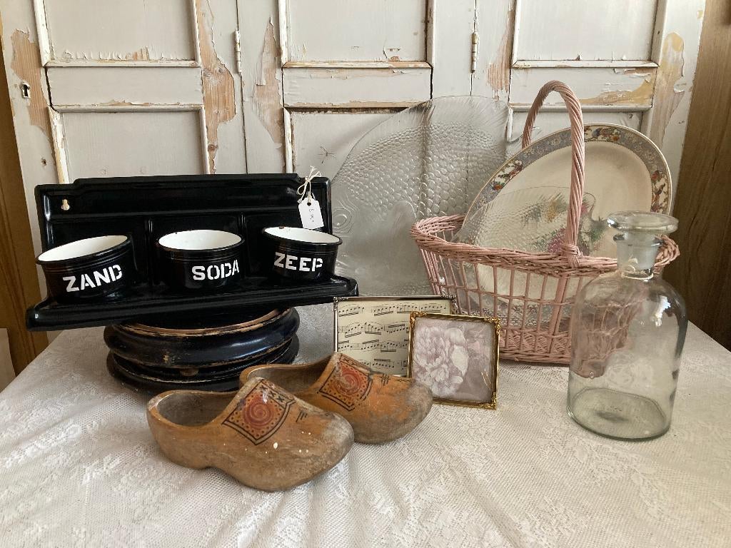 Brocante rieten mandje - borden vis - serveerschaal, Ophalen of Verzenden