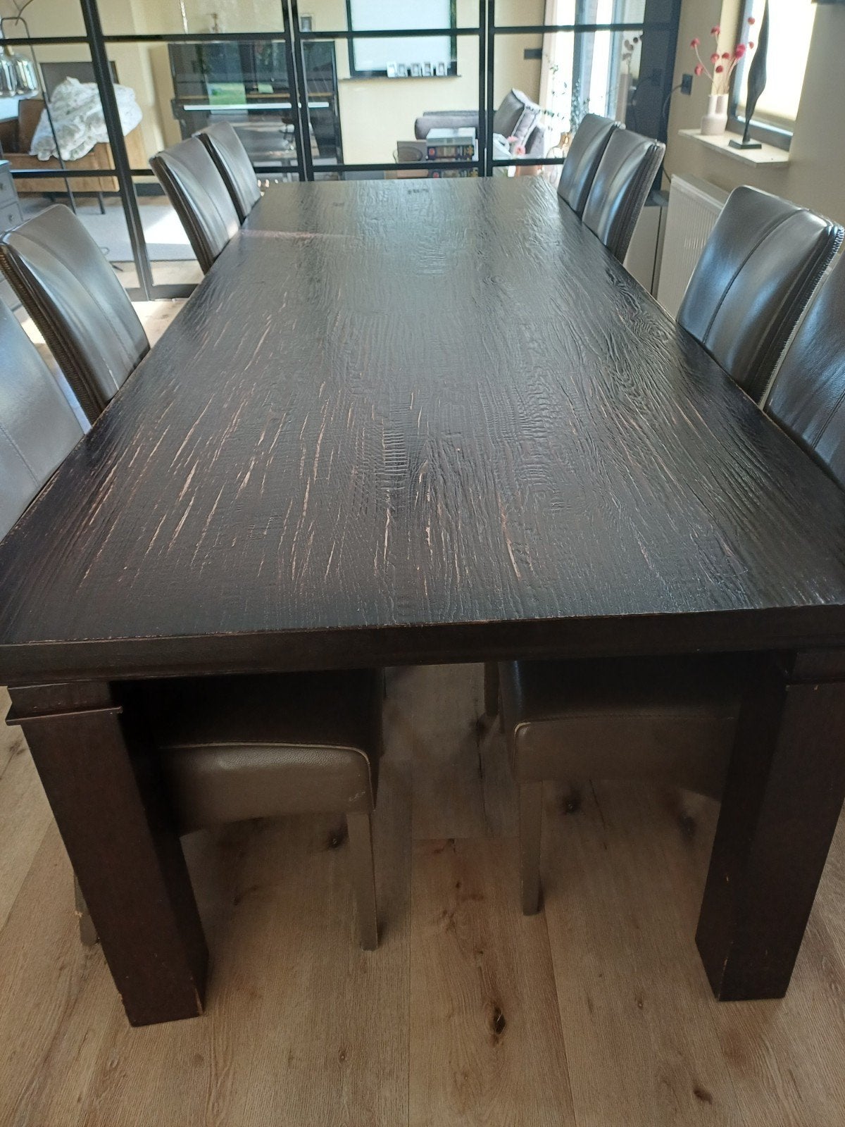 Grote houten eettafel met 8 Stoelen - Gebruikt, Huis en Inrichting, Tafels | Eettafels, Ophalen, 100 tot 150 cm, 200 cm of meer