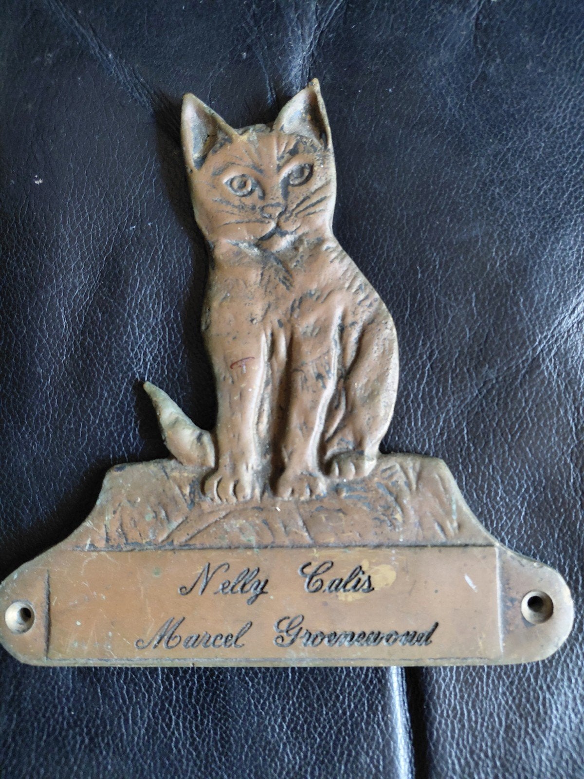 Vintage messing kat deurnaam bord, Antiek en Kunst, Ophalen of Verzenden