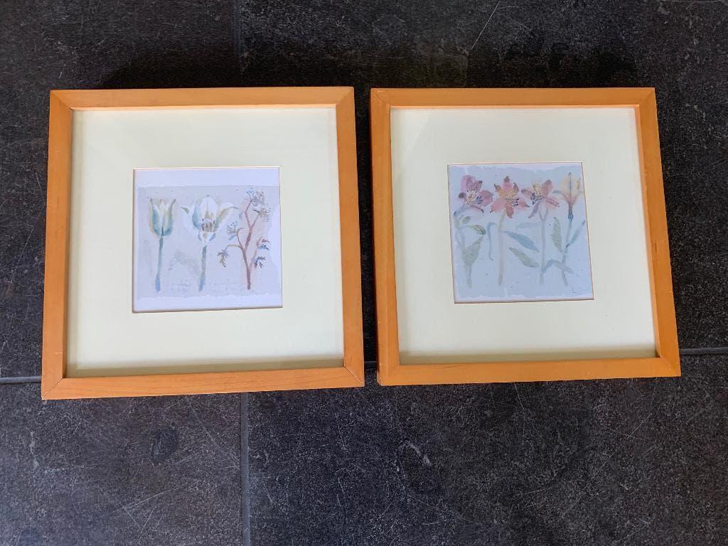 Aquarel schilderijtjes 2 stuks bloemen, Ophalen of Verzenden