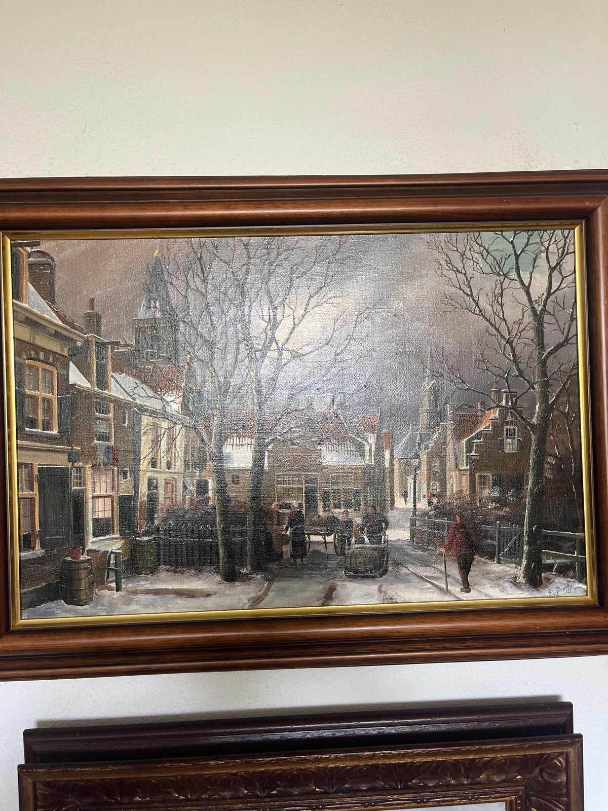 Sfeervol Zaans Dorpsgezicht in de Sneeuw - Olieverf, Ophalen, Doek, Realistisch, Gesigneerd