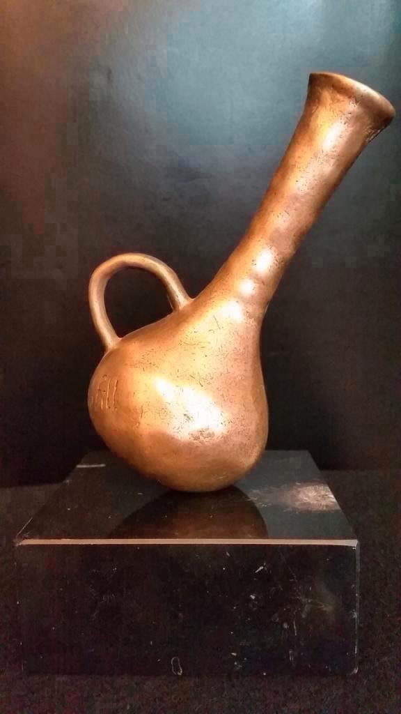 Antiek brons sculptuur vaas op zwarte marmeren sokkel, Ophalen of Verzenden, Brons