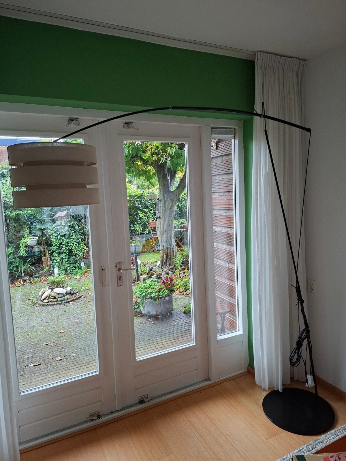 Grote booglamp met dimmer en stoffen Kap, Huis en Inrichting, Ophalen, Gebruikt, 200 cm of meer, Metaal