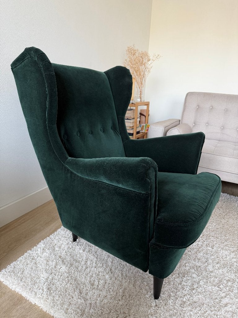 IKEA STRANDMON Fauteuil Donkergroen Velours, Ophalen, Zo goed als nieuw, Klassiek, Modern, Comfortabel, 75 tot 100 cm