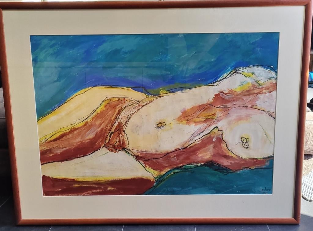Ingelijste aquarel van een liggend naakt 90x120, Antiek en Kunst, Kunst | Schilderijen | Modern, Ophalen of Verzenden