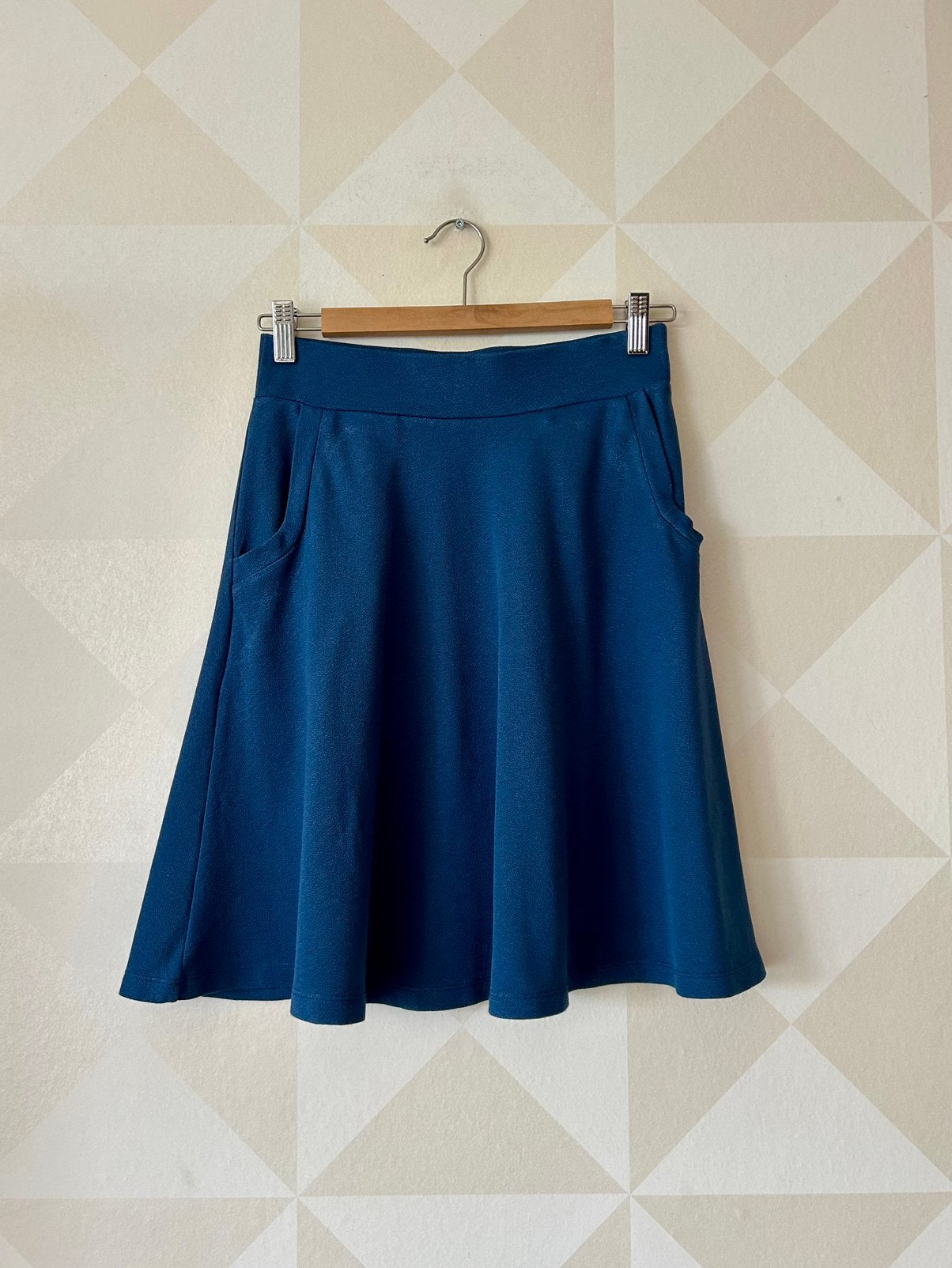 King Louie Sofia Skirt rok a-lijn klokkend blauw S/36 zgan, Blauw, Ophalen of Verzenden, Zo goed als nieuw, Knielengte