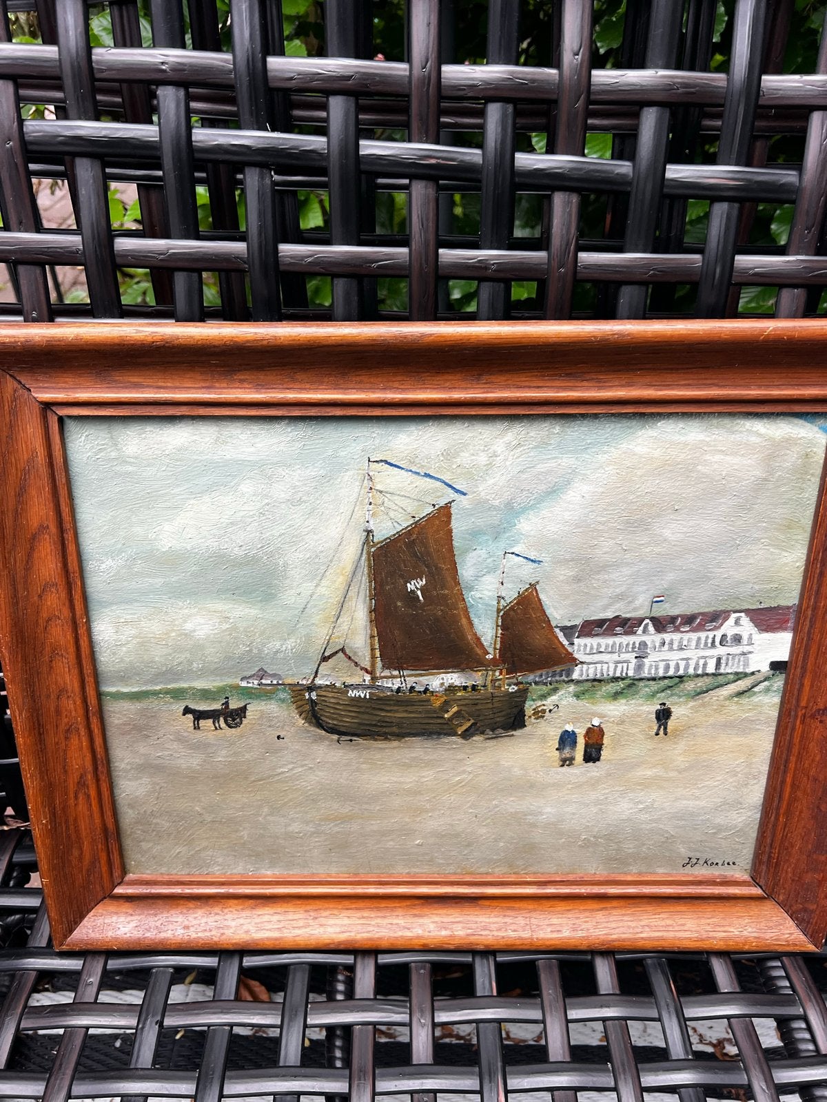 Olieverfschilderij van J.J.Korbee  - Vissersboot op strand, Ophalen of Verzenden