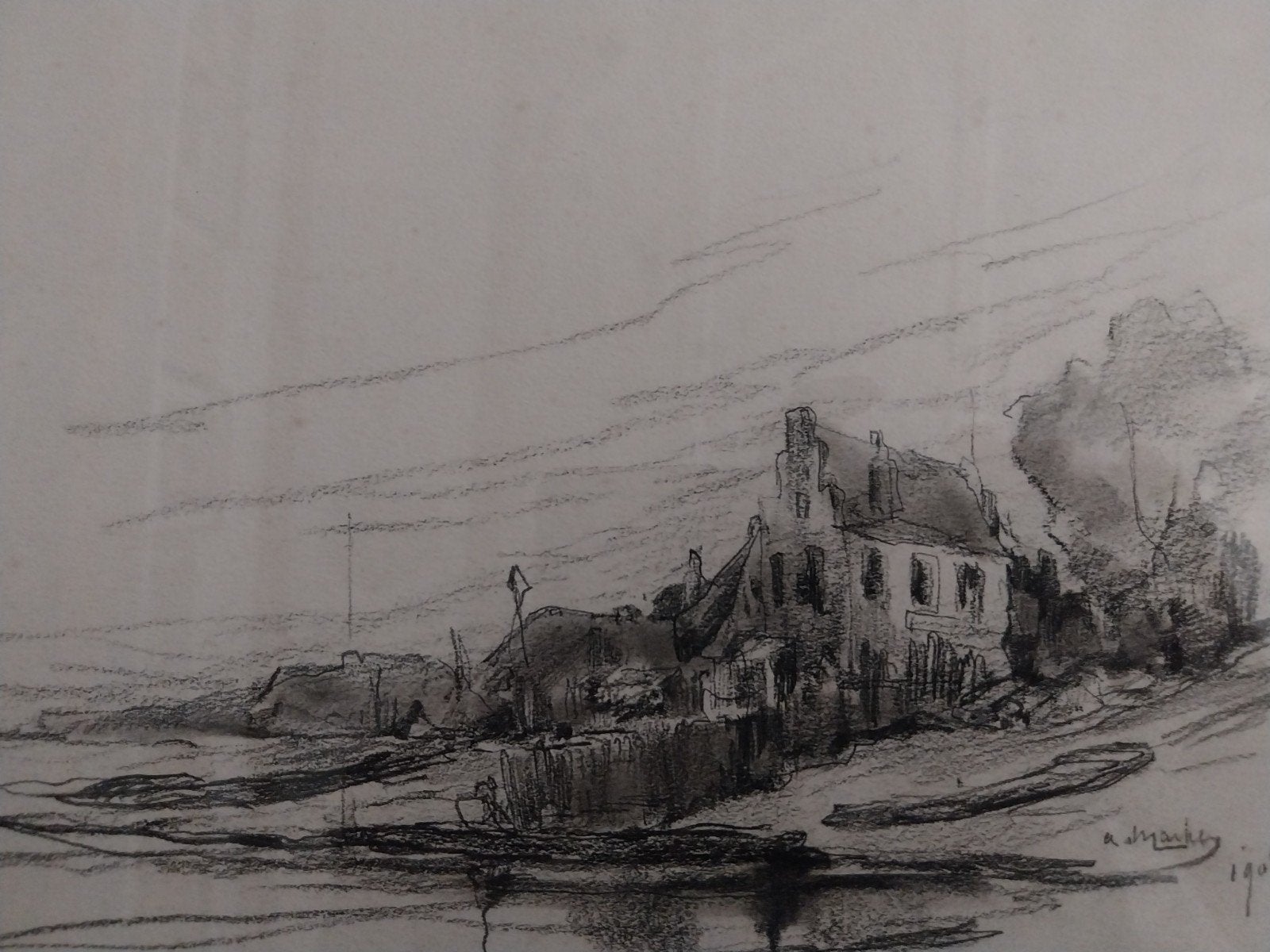Huis aan het water Antoon Markus 1870-1955, Antiek en Kunst, Kunst | Tekeningen en Foto's, Ophalen of Verzenden, Tekening, Potloodtekening