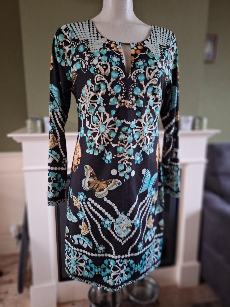 K-Design K Design zwart Aqua kleur jurk mt L, K-design, Verzenden, Zwart, Maat 46/48 (XL) of groter