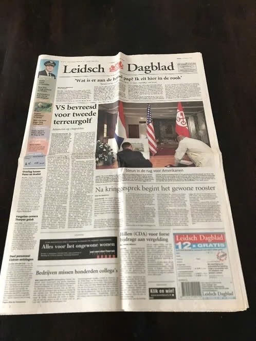 Leidsch dagblad 14 sept 2001 vs bevreesd voor 2e terreurgolf, Verzamelen, Tijdschriften, Kranten en Knipsels, Ophalen of Verzenden