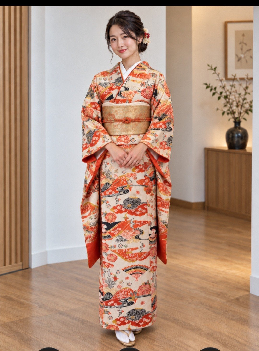 Prachtige vintage Japanse dameskimono – kraanvogels, waaiers, Ophalen of Verzenden, Dames
