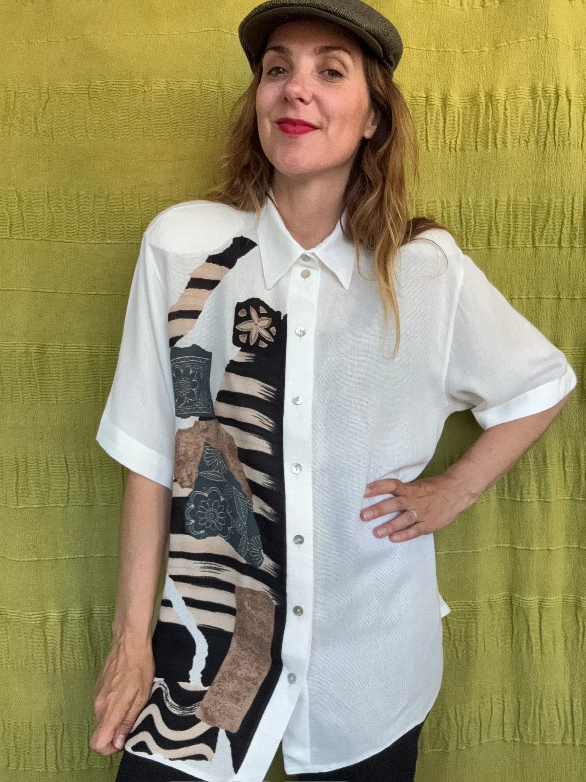 Vintage blouse / shirt - wit met opdruk - 42/XL, Hgv, Wit, Hgv, Maat 42/44 (L)