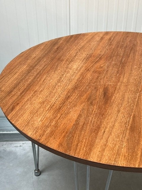 Vintage eettafel rond retro hairpin eetkamertafel chroom, Huis en Inrichting, Gebruikt, 50 tot 100 cm, Teakhout, .