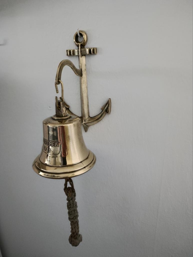 Oude koperen bel met ophang Anker, Ophalen of Verzenden