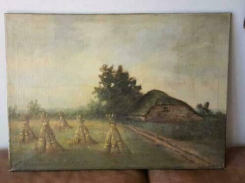 Olieverf boerderij met korenschoven v. Meren, Antiek en Kunst, Kunst | Schilderijen | Klassiek, Ophalen