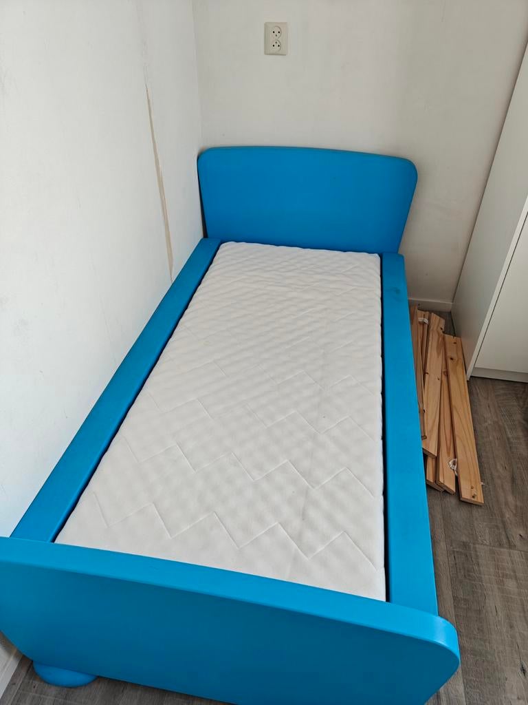 Blauw kinderbed met lades en matras, Gebruikt, 70 tot 85 cm, 160 tot 180 cm, Ophalen
