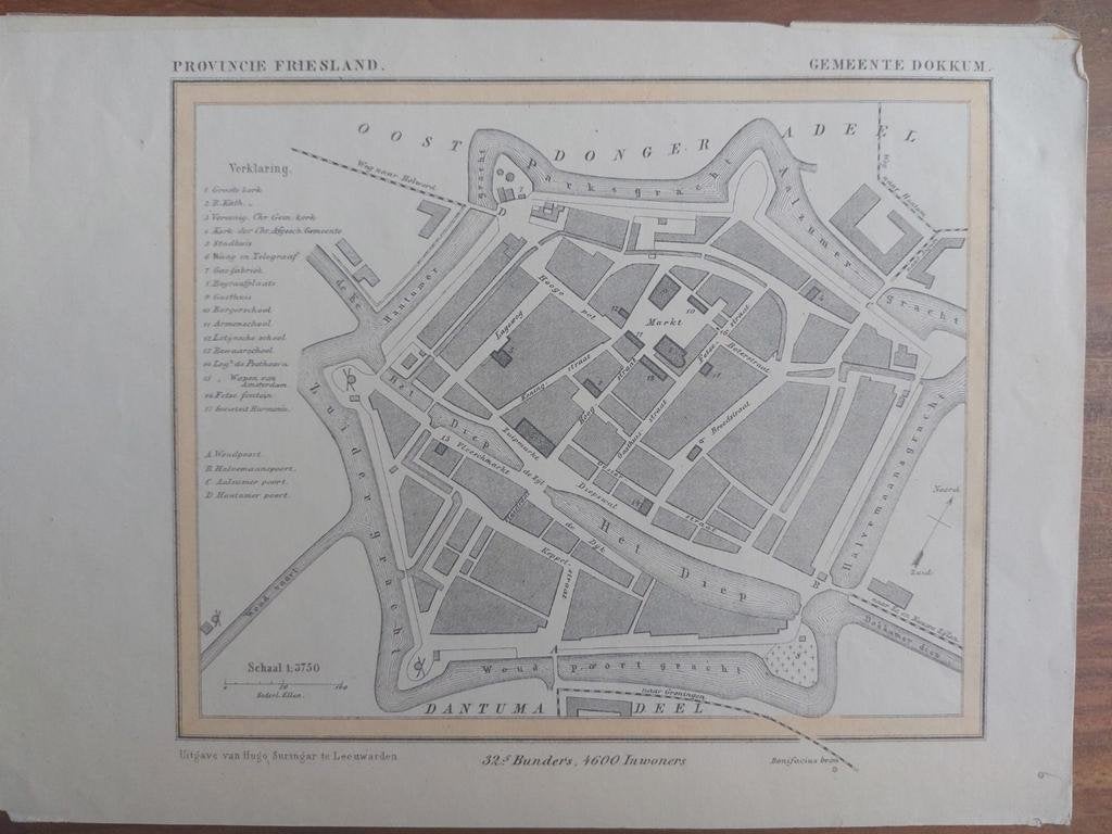 6 / stadsplattegrond Dokkum van J. Kuyper uit 1865, Ophalen of Verzenden