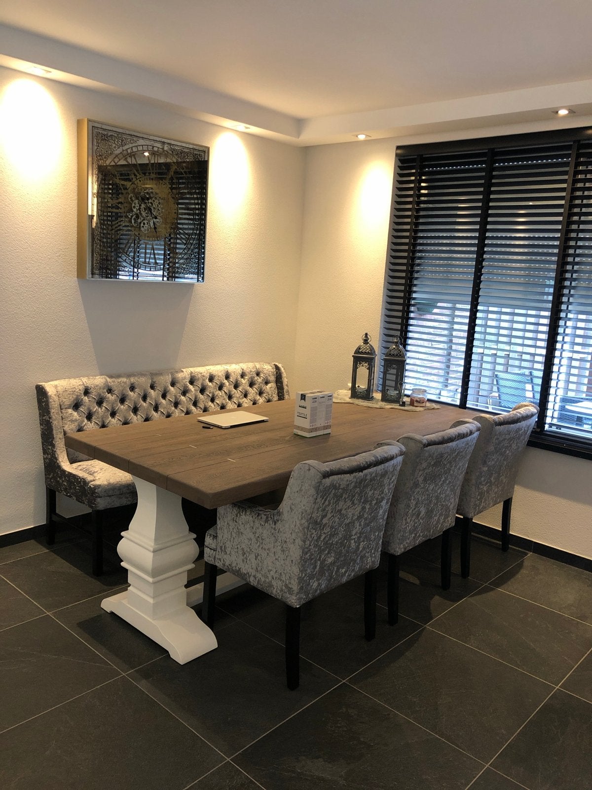 Moderne eettafel met bank en stoelen, Ophalen, 50 tot 100 cm, Zo goed als nieuw, 150 tot 200 cm