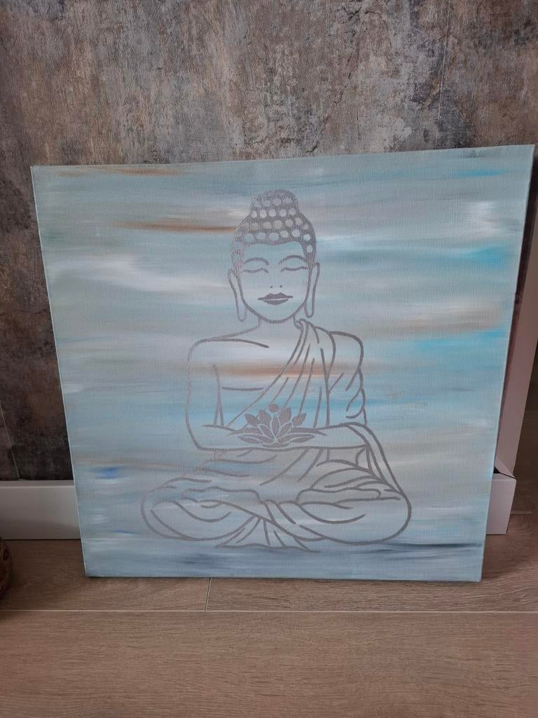 Handmade Boeddha doek 50x50 cm, Ophalen of Verzenden, 50 tot 75 cm, Schilderij, 50 tot 75 cm