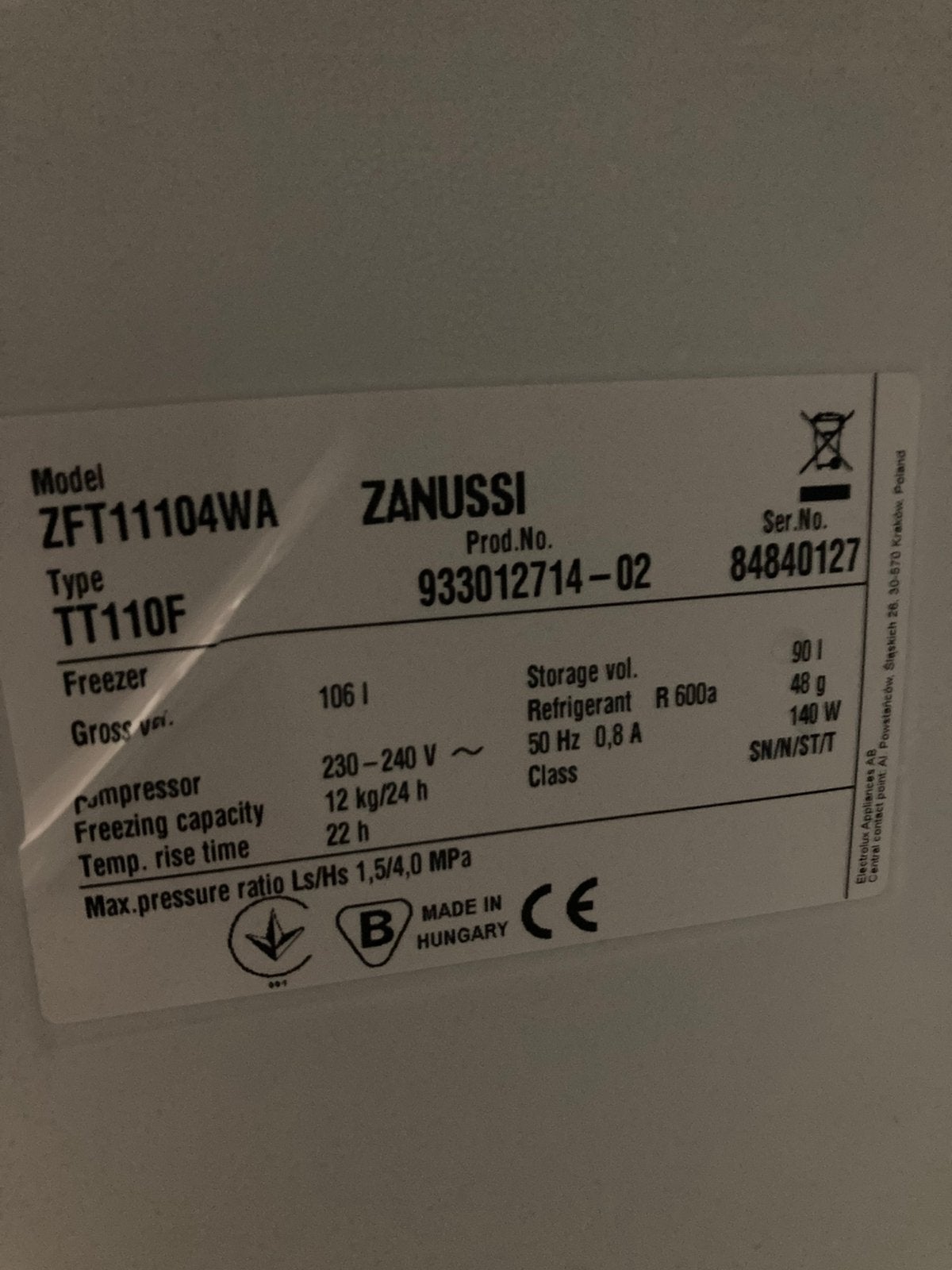 Zanussi Vriezer, Ophalen of Verzenden, Zo goed als nieuw, Minder dan 60 cm, Minder dan 85 cm