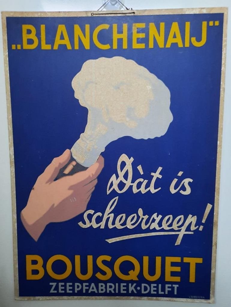 Reclame plaat karton van de zeepfabriek bousquet uit delft, Ophalen of Verzenden, Gebruikt, Reclamebord