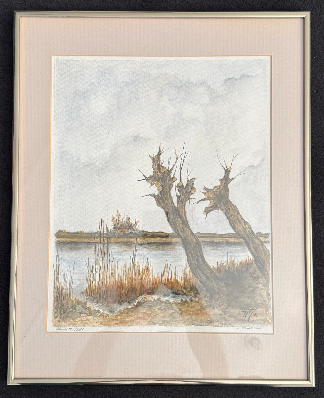 Aquarel Landschap met knotwilgen en water, gesigneerd, Realistisch, Ophalen of Verzenden, Gesigneerd, Landschap