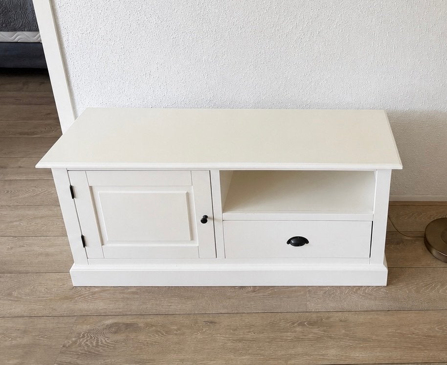 Witte TV-kast met lade en deurtje, Ophalen, Gebruikt, 100 tot 150 cm, Minder dan 100 cm