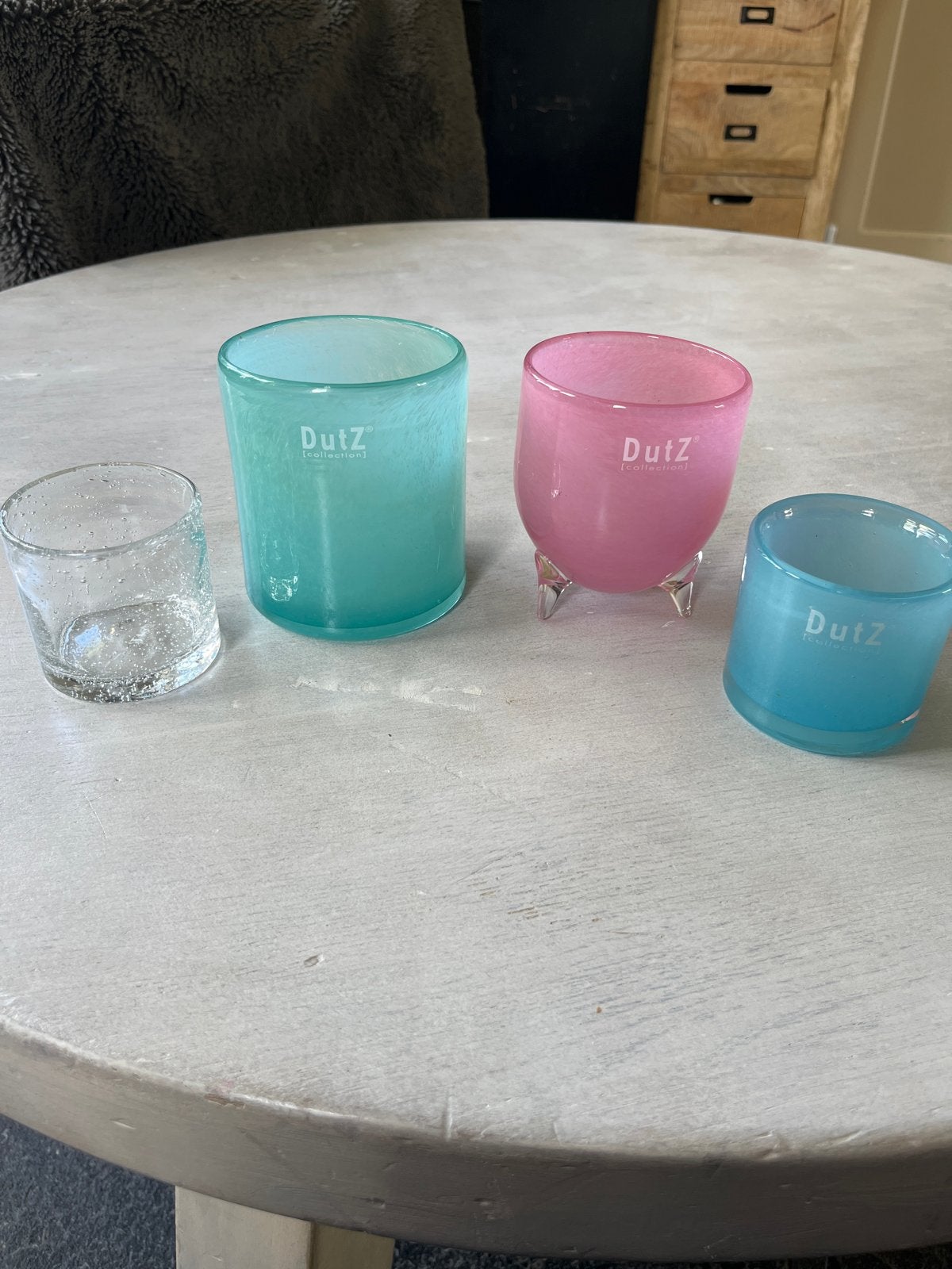 DutZ glazen theelichthouders / vaasjes - diverse kleuren, Ophalen of Verzenden, Gebruikt, Meerkleurig, Glas