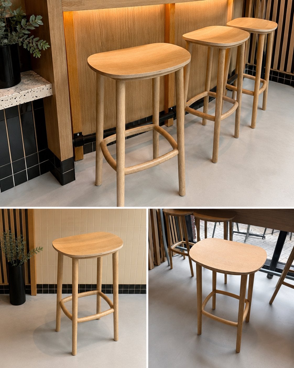 Set van 5 houten barkrukken Scandinavische uitstraling., Ophalen, Zo goed als nieuw