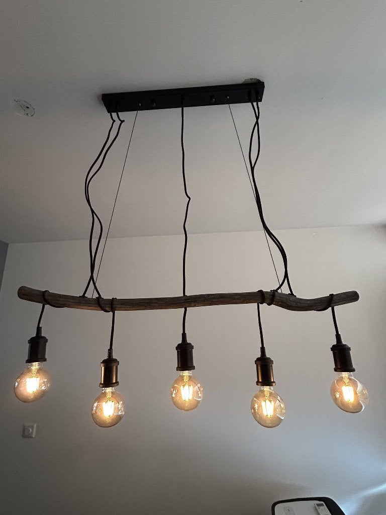 Landelijke Hanglamp Houten Tak 5 Grote Warme Sfeerbollen, Ophalen, Zo goed als nieuw, Hout