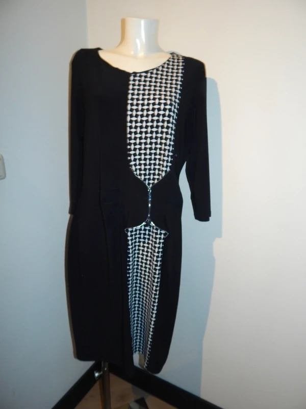 Joseph Ribkoff stretch jurk zwart wit voorkant sier rits 44, Verzenden, Zwart, Maat 42/44 (L), Joseph Ribkoff