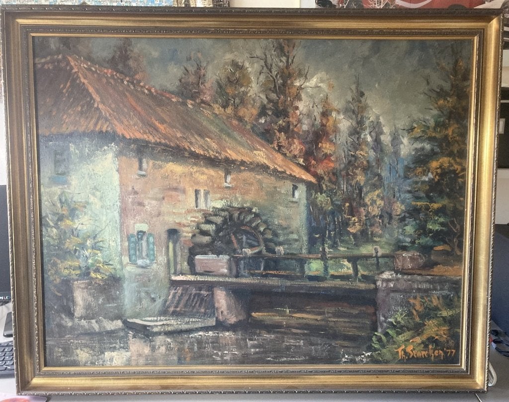 Historische watermolen te Sittard, Antiek en Kunst, Ophalen, Doek, Bijzondere lijst, Olieverf