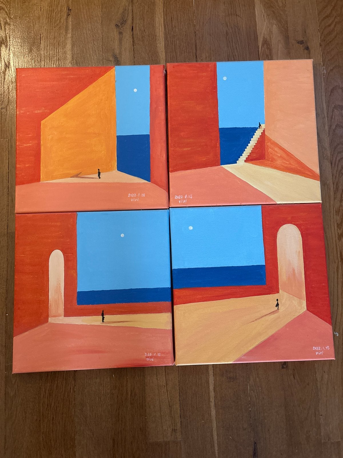 Set van 4 moderne abstracte schilderijen met figuren, Antiek en Kunst, Handgeschilderd, Ophalen of Verzenden, Textiel, Figuren