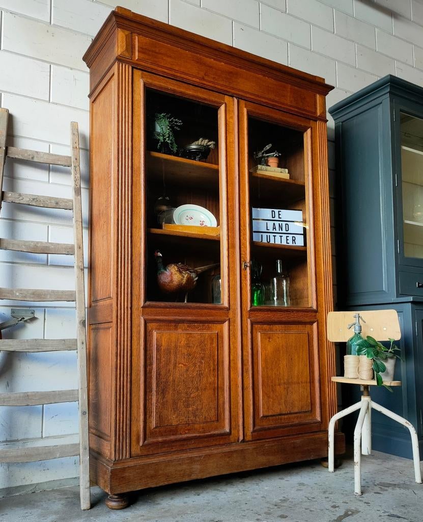 Vintage/Art deco eiken buffetkast, jaren '20-'30 schoolkast, Glas, 100 tot 150 cm, 200 cm of meer, Ophalen of Verzenden