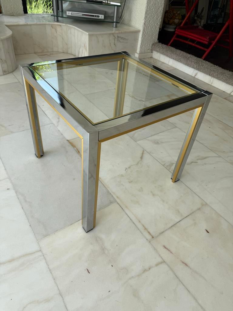 Glazen bijzettafel met chroom en goud, Ophalen, Minder dan 45 cm, Minder dan 55 cm, Gebruikt