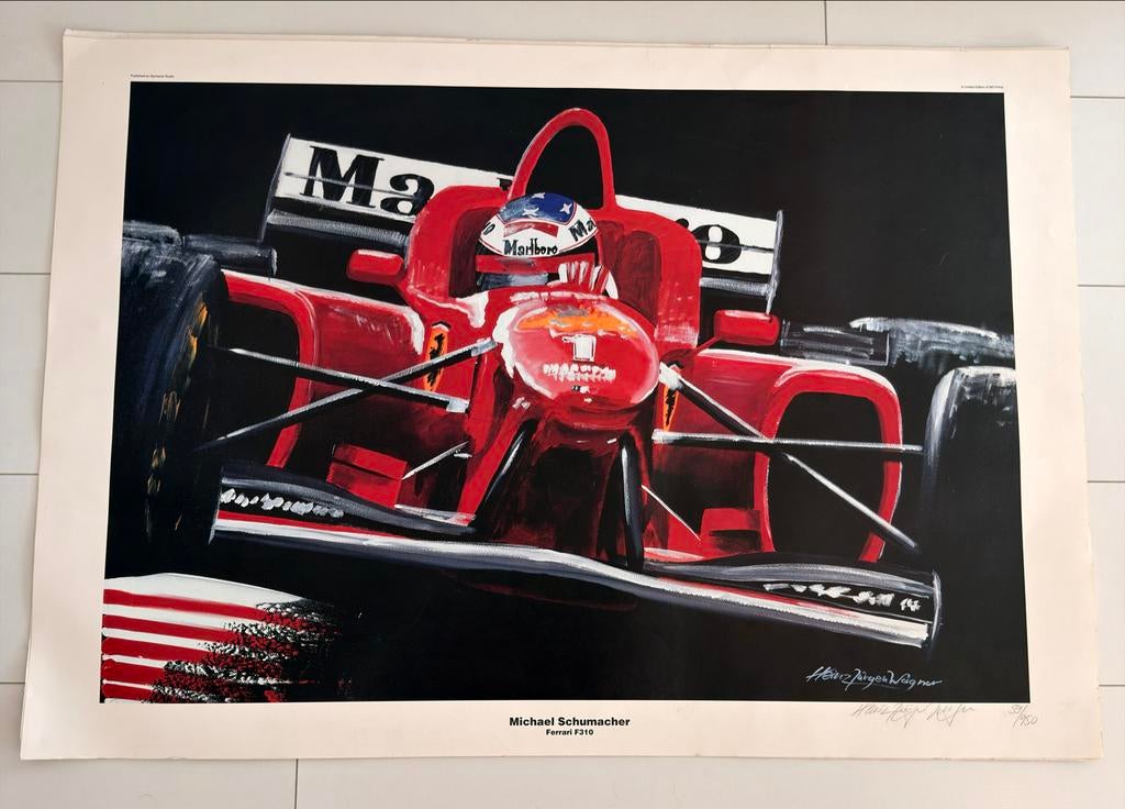 Michael Schumacher Ferrari F310 kunstprint Gesigneerd 59/950, Ophalen