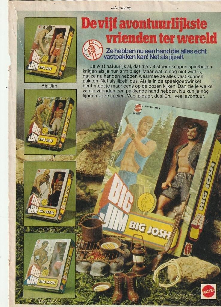 Retro reclame 1977 Mattel Big Jim met 5 vrienden speelgoed, Verzamelen, Retro, Overige typen, Verzenden