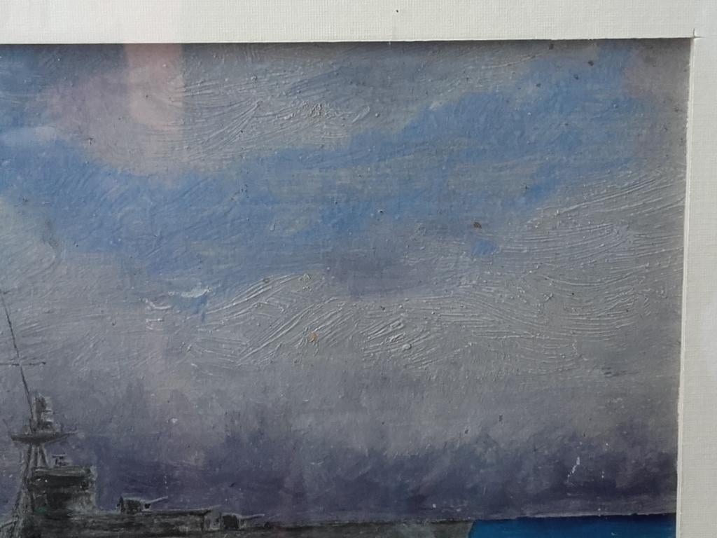 Mooi oud Engels ingelijst schilderij met een oorlogsschip., Ophalen of Verzenden
