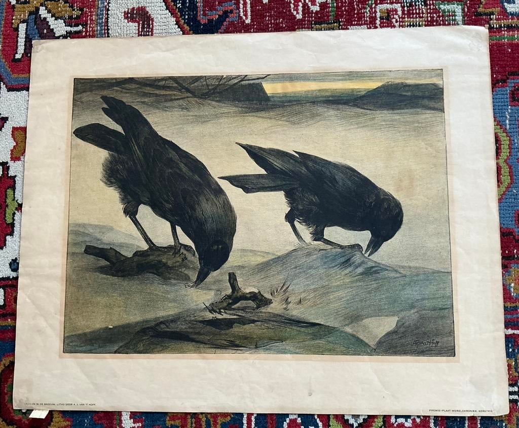Litho plaat A.J. van 't Hoff - Vogels, kauwen in de sneeuw, Ophalen of Verzenden