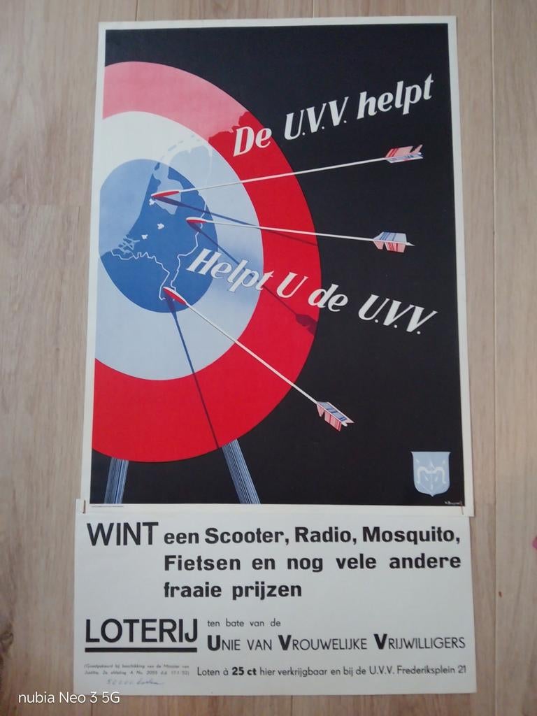 Oude U.V.V. Loterij Poster. 1952., Rechthoekig Staand, Ophalen of Verzenden, Zo goed als nieuw, A1 t/m A3