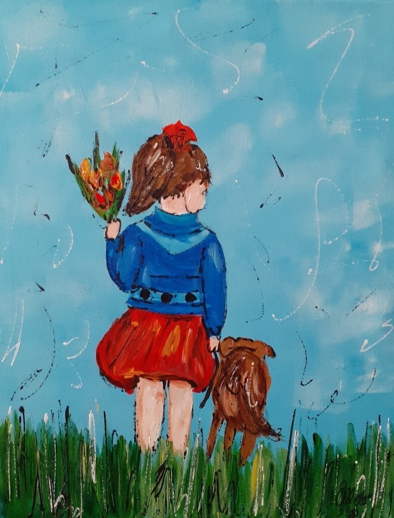 Schilderij meisje met hond, Minder dan 50 cm, 50 tot 75 cm, Nieuw, Ophalen of Verzenden