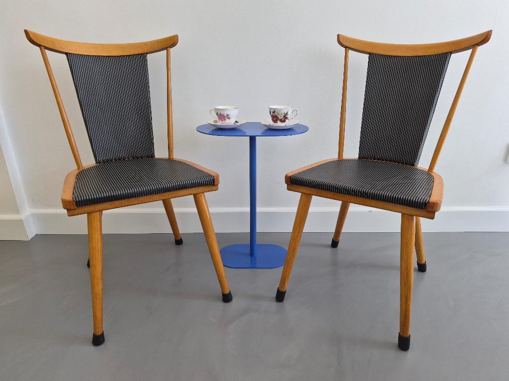 2 Mooie houten mid century stoelen, Ophalen, Twee, Bruin, Leer