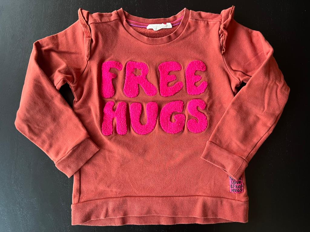 Maat 116 Jubel trui oranje met roze tekst, Ophalen of Verzenden, Gebruikt, Meisje, Trui of Vest